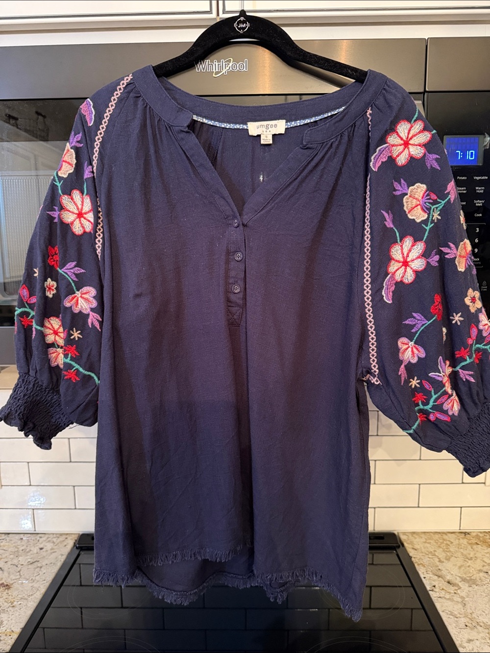 Umgee Navy Peasant Top with Multicolor Floral Embroidery
